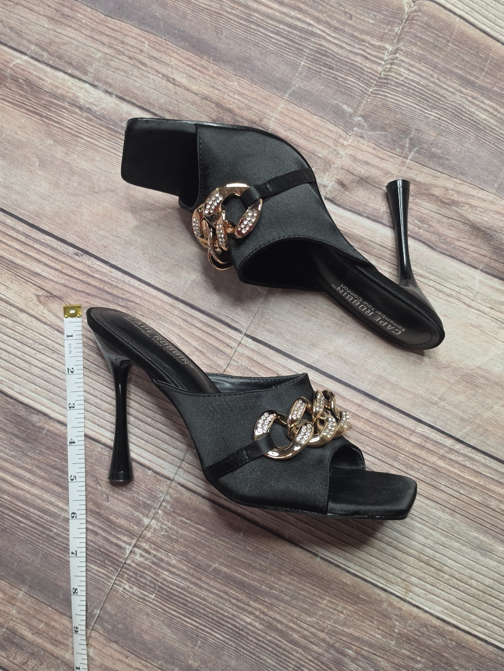 Cape Robbin Disteny Black Satin Gold Chain Square Open Toe Stiletto Mules - Picture 3 of 9